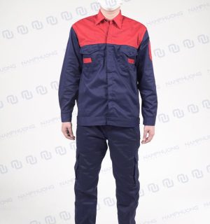 Đồng phục công nhân nhà máy vải Kaki màu xanh than phối đỏ [Mã DCN-01]