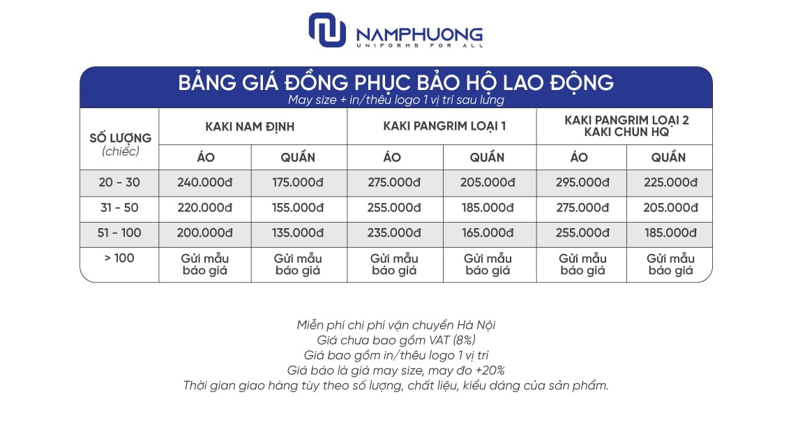Bảng giá đồng phục bảo hộ lao động