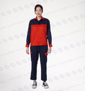 Đồng phục bảo hộ công nhân cơ khí vải Kaki Pangrim đỏ phối xanh navy - [DCK-03]