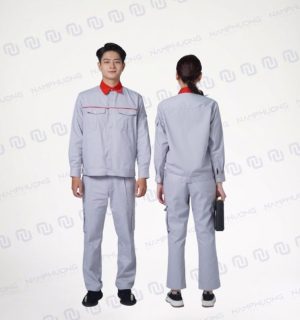 Đồng phục bảo hộ công nhân cơ khí màu ghi sáng cổ đỏ [ Mã DCK-04]