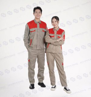 Đồng Phục Bảo Hộ Kỹ Thuật Vải Kaki Pangrim Có Túi Ngực Phối Màu Be Đỏ [Mã DKT-04]