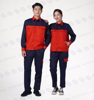 Đồng phục bảo hộ kỹ thuật vải Kaki phối màu đỏ – xanh Navy dáng suông hiện đại [Mã DKT-06]