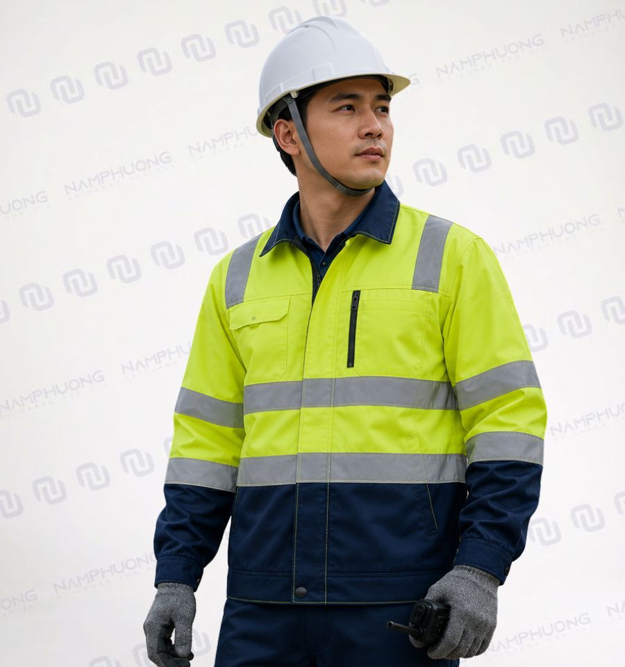 Mẫu áo khoác công trường phối màu nổi bật, có thể thêm dải phản quang để tăng khả năng nhận diện khi làm việc ngoài trời
