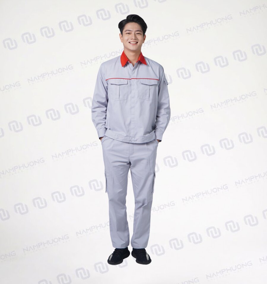 Bộ đồng phục công nhân xây dựng vải Kaki dáng suông, áo dài tay kết hợp quần đồng bộ có túi hộp hai bên, giúp người mặc dễ vận động khi làm việc