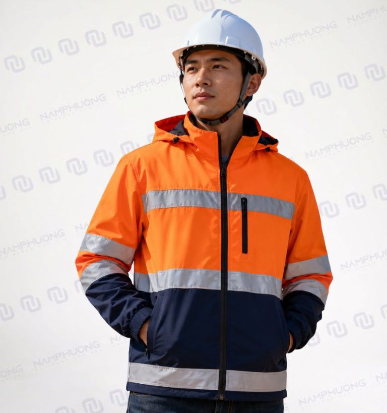 Áo khoác bảo hộ phối phản quang phù hợp cho công nhân làm việc tại công trình, kho bãi, khu vực có xe nâng hoặc xe tải di chuyển