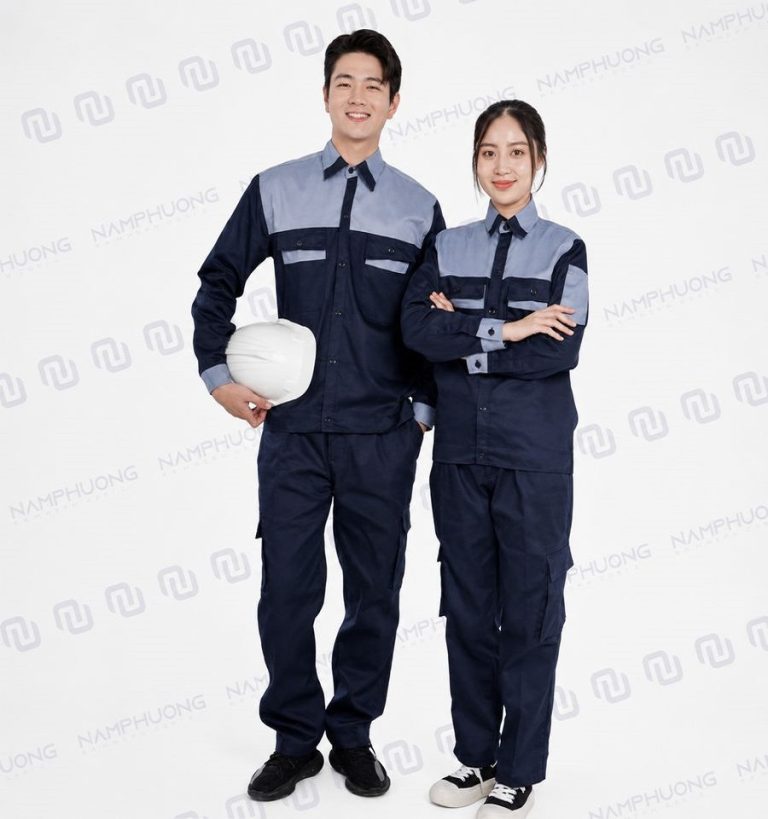 Đồng phục bảo hộ kho vận logistics vải kaki màu xanh navy phối ghi sáng [Mã DKV-09]
