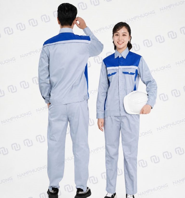 Đồng phục bảo hộ kho vận logistics vải kaki màu ghi sáng phối xanh dương [Mã DKV-07]