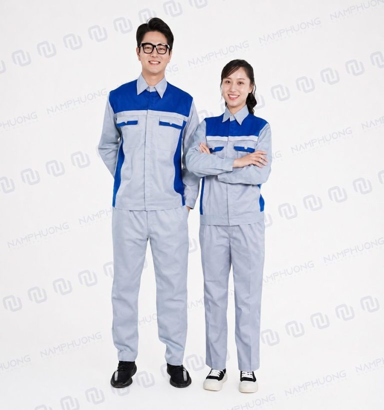 Đồng phục bảo hộ cơ khí sản xuất vải kaki Pangrim phản quang màu ghi xám phối xanh [Mã DCK-13]