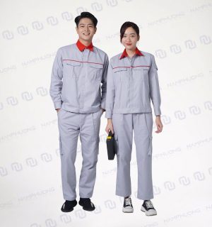 Đồng phục bảo hộ dầu khí DDK-06 màu ghi sáng phối đỏ nổi bật