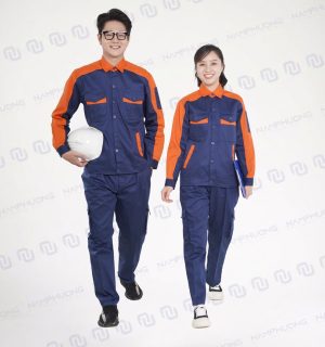 Đồng phục bảo hộ nhà máy DNM-10 phối xanh navy và cam nổi bật