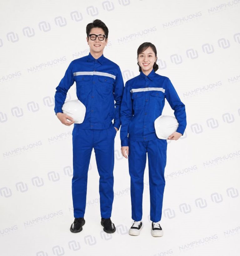 Đồng phục bảo hộ xây dựng vải Kaki phối phản quang màu xanh dương phối trắng [Mã DXD-11]