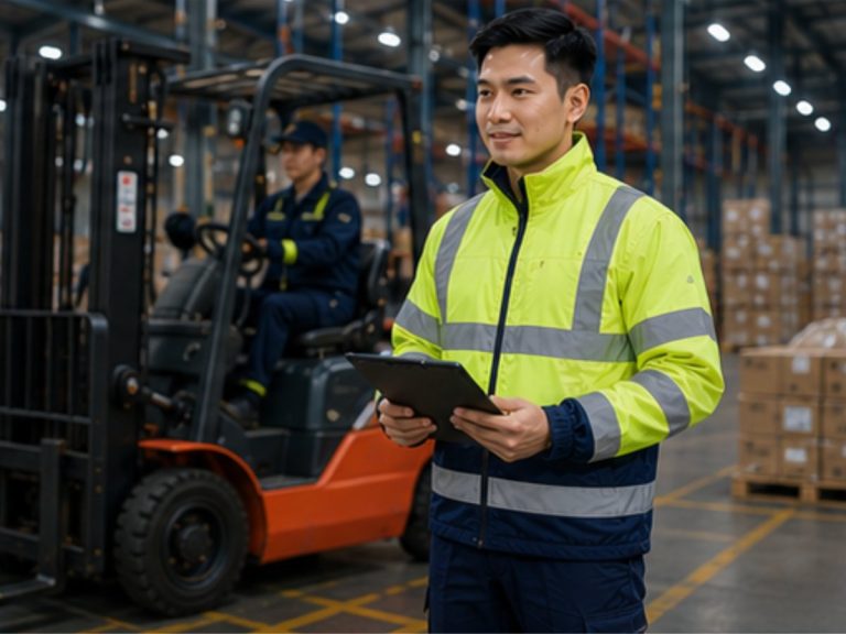 Khu vực xe nâng ưu tiên áo phản quang hỗ trợ an toàn khi phương tiện vận hành