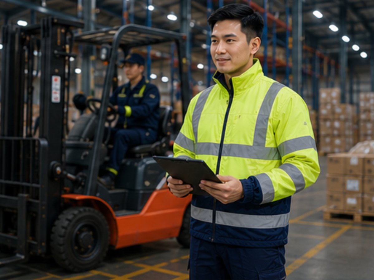 Khu vực xe nâng ưu tiên áo phản quang hỗ trợ an toàn khi phương tiện vận hành