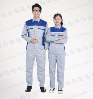Mẫu đồng phục bảo hộ kỹ thuật DKT-15 màu ghi sáng phối xanh dương