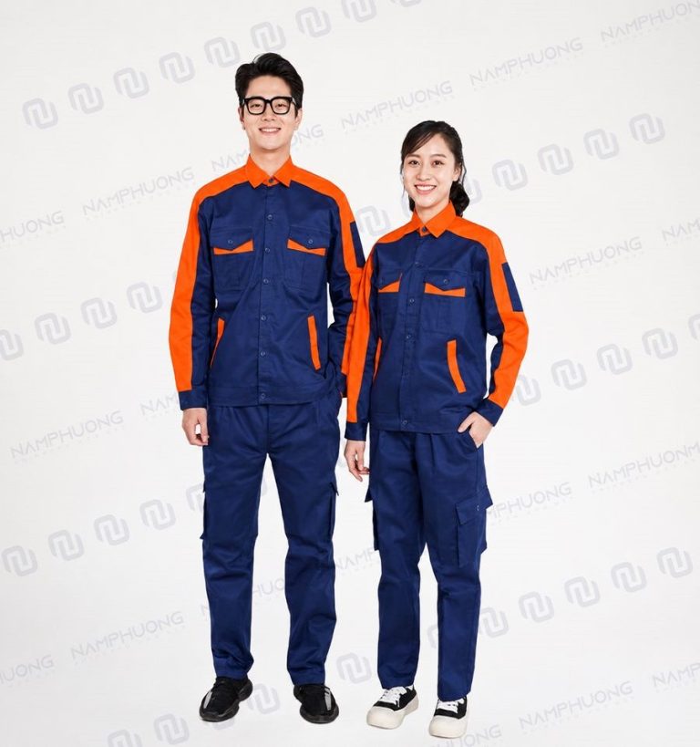 Đồng phục bảo hộ xây dựng vải kaki màu xanh navy phối cam [Mã DXD-07]