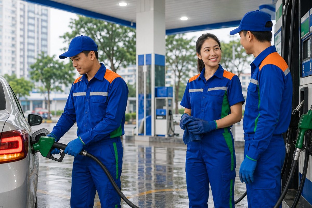 Đồng phục cây xăng cần chống tĩnh điện, bền, ít bám dầu và có phản quang an toàn