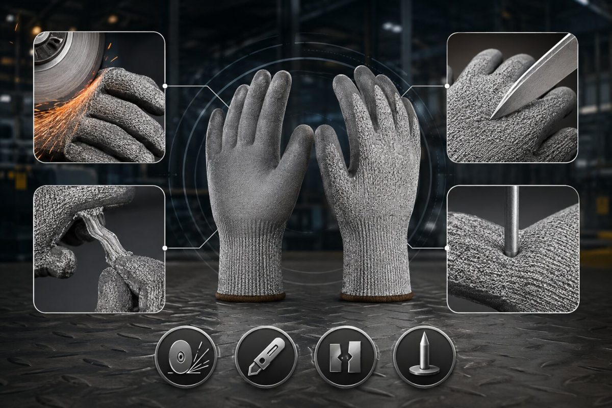 Mã EN 388 4543 thể hiện khả năng chống mài mòn, cắt, xé rách và đâm xuyên của găng tay