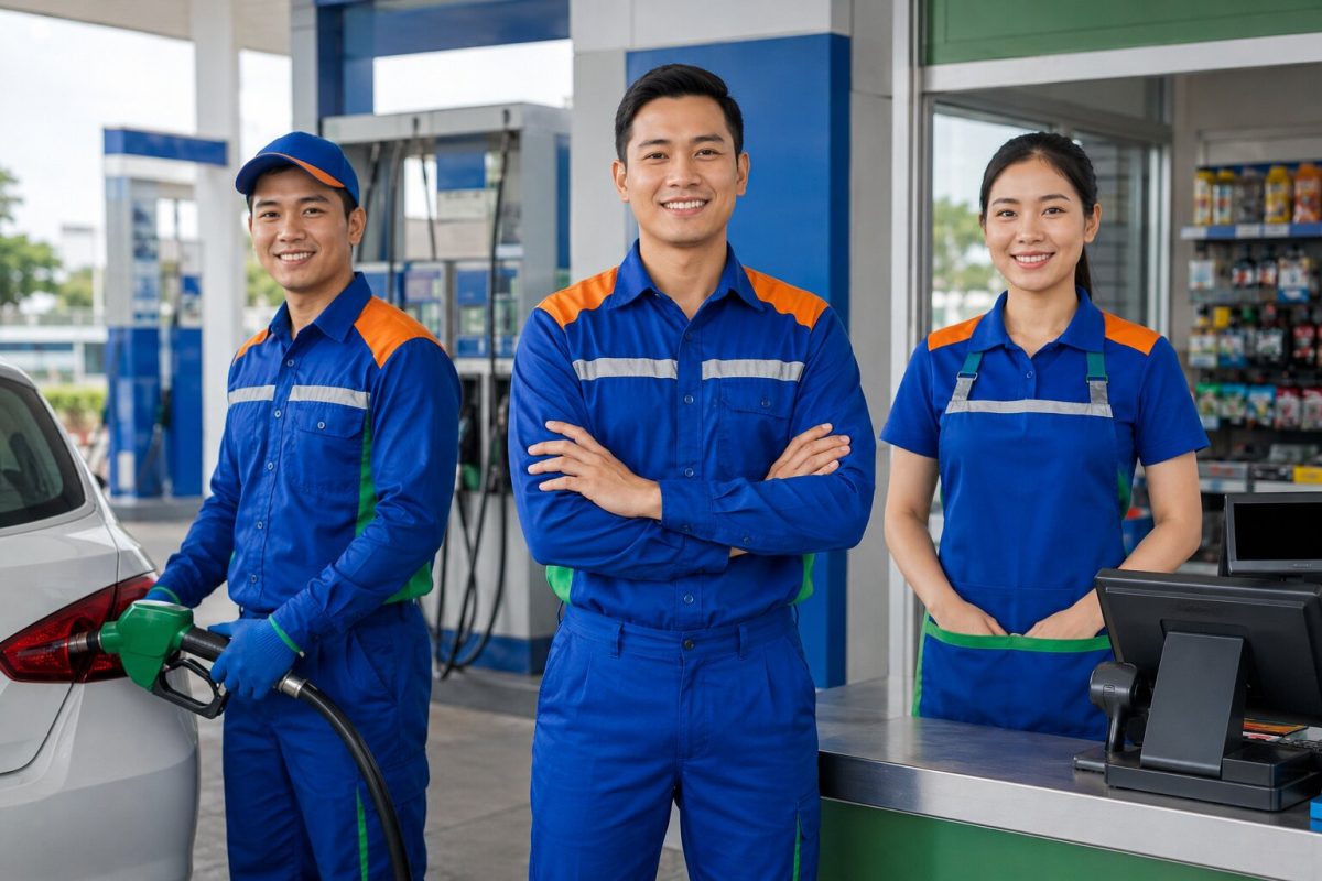 Đồng phục cây xăng phối màu thương hiệu rõ ràng và phù hợp từng vị trí làm việc