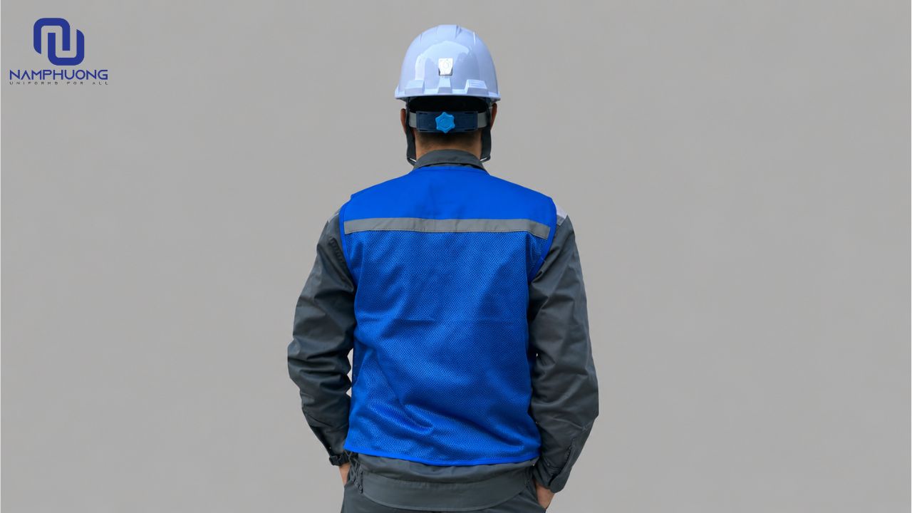 Dải phản quang quanh vai áo gile bảo hộ giúp tăng nhận diện an toàn