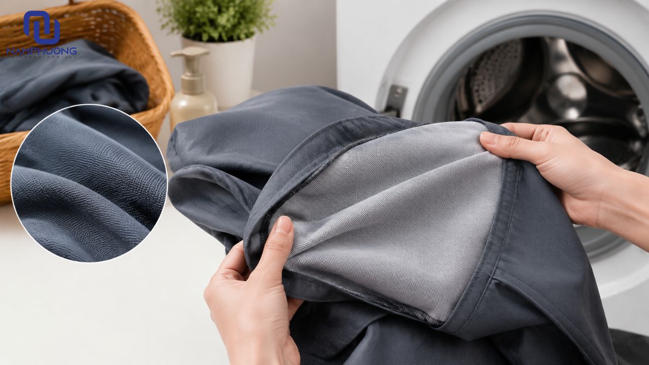 Để vải kaki gân giữ được bề mặt gân rõ nên lộn mặt trái trước khi giặt