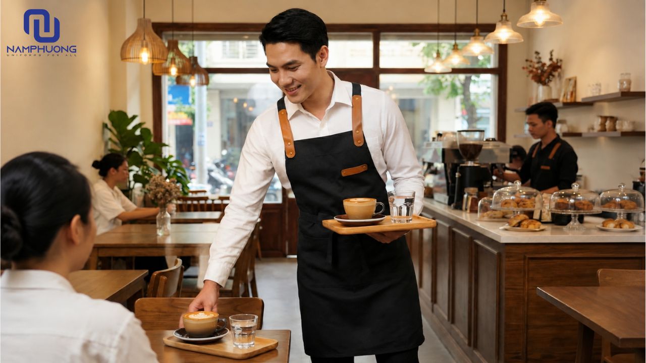Tạp dề Canvas phối da được ưa chuộng trong ngành F&B