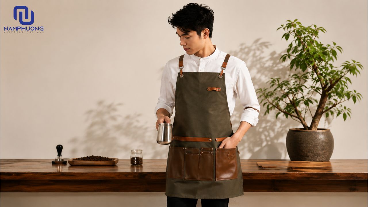Tạp dề canvas phối da với hệ thống túi hộp phía trước phù hợp với barbershop và tiệm xăm
