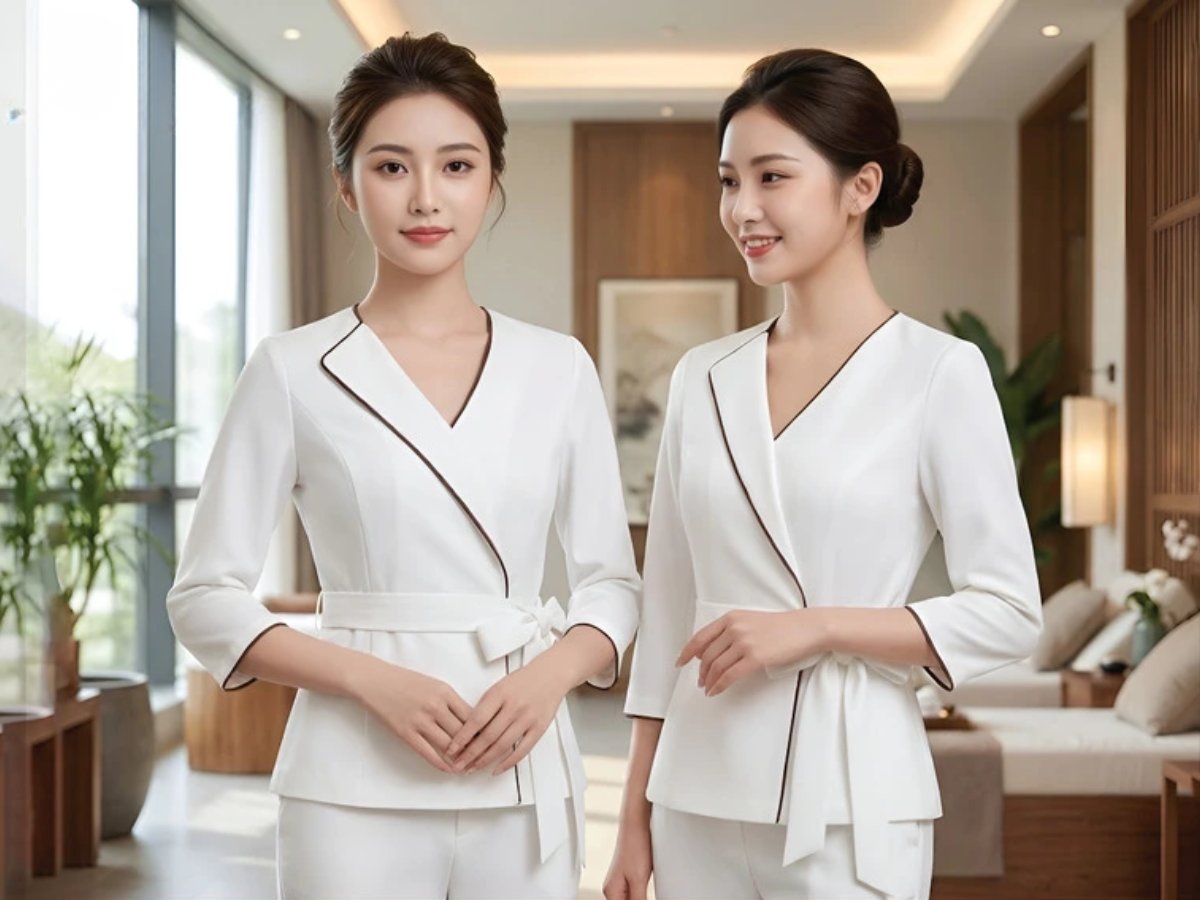 Thiết kế cổ chéo Kimono thanh thoát, tạo vẻ nhẹ nhàng cho kỹ thuật viên spa