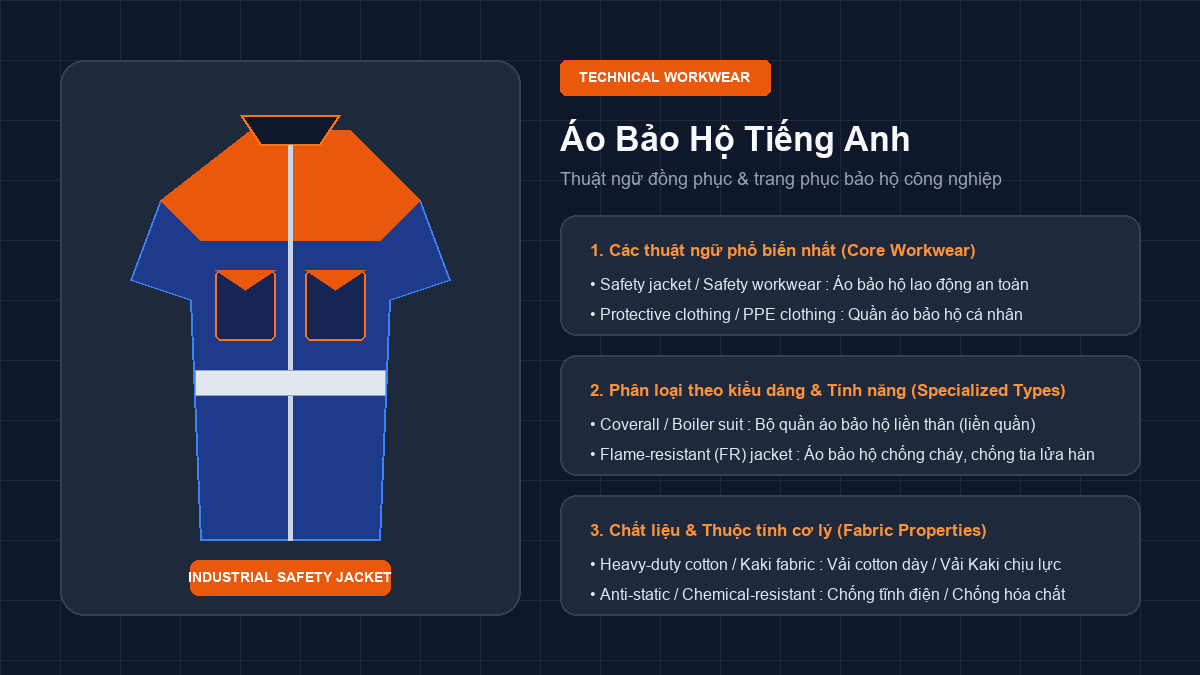 Bảng minh họa đồ họa Flat 2D từ vựng áo bảo hộ lao động tiếng Anh và trang phục an toàn kỹ thuật