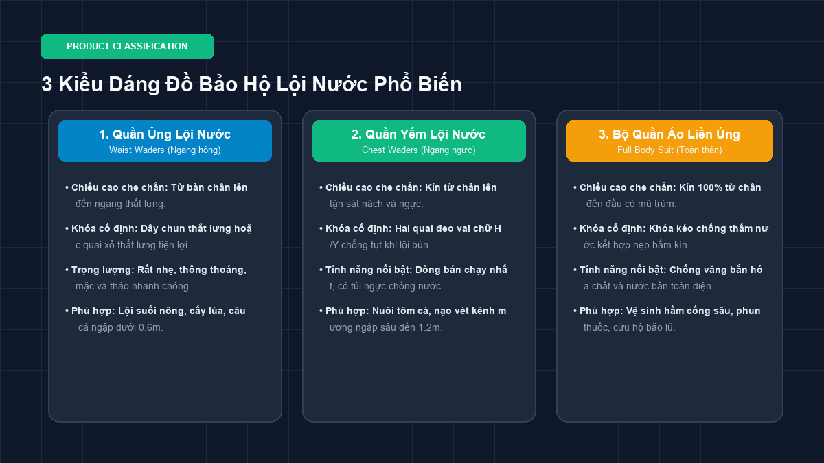 Sơ đồ minh họa đồ họa Flat 2D phân loại 3 kiểu dáng đồ bảo hộ lội nước phổ biến