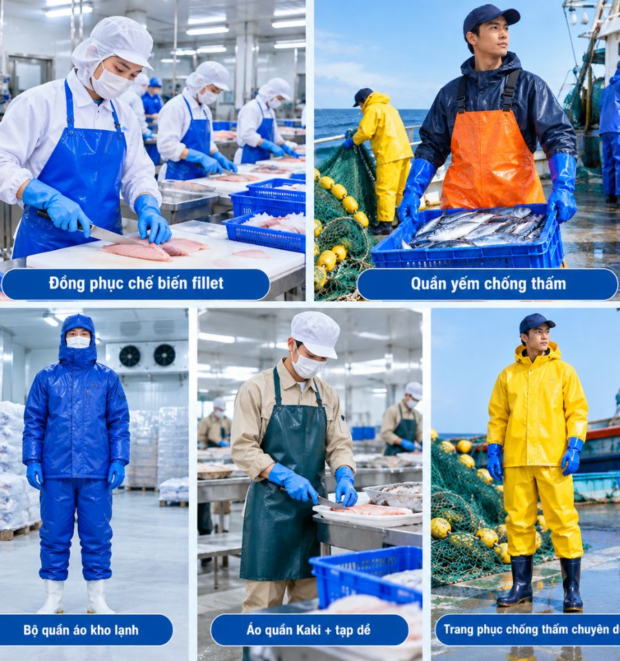 Các mẫu trang phục quần áo bảo hộ ngành thủy sản tại nhà máy