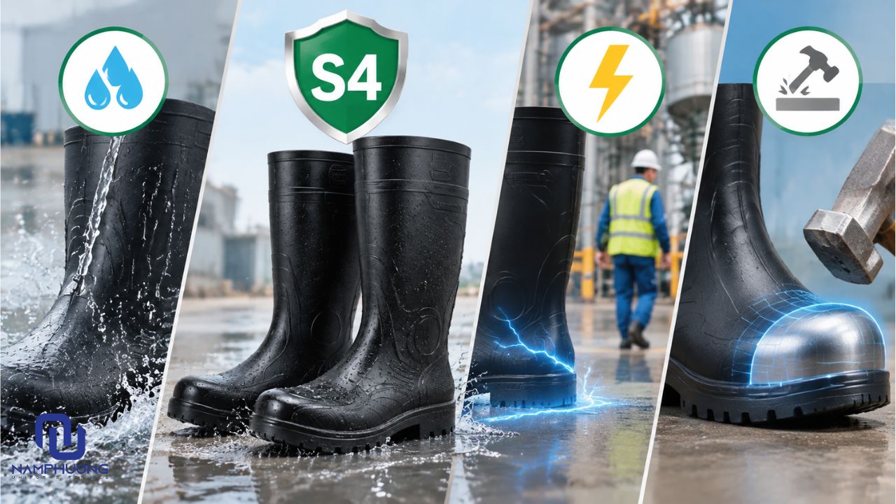 Cấp bảo vệ S4 thể hiện ủng có khả năng chống thấm nước, chống tĩnh điện và được trang bị mũi bảo vệ chống va đập
