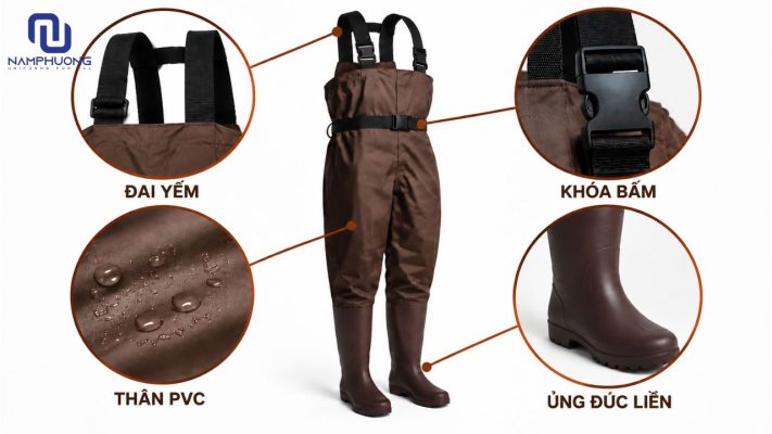 Cấu tạo chi tiết gồm đai yếm, khóa bấm, thân PVC và ủng đúc liền