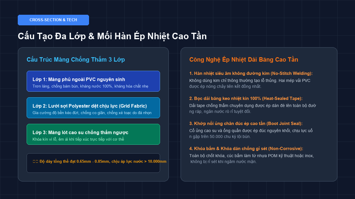 Sơ đồ minh họa đồ họa Flat 2D cấu tạo màng chống thấm và công nghệ ép nhiệt cao tần