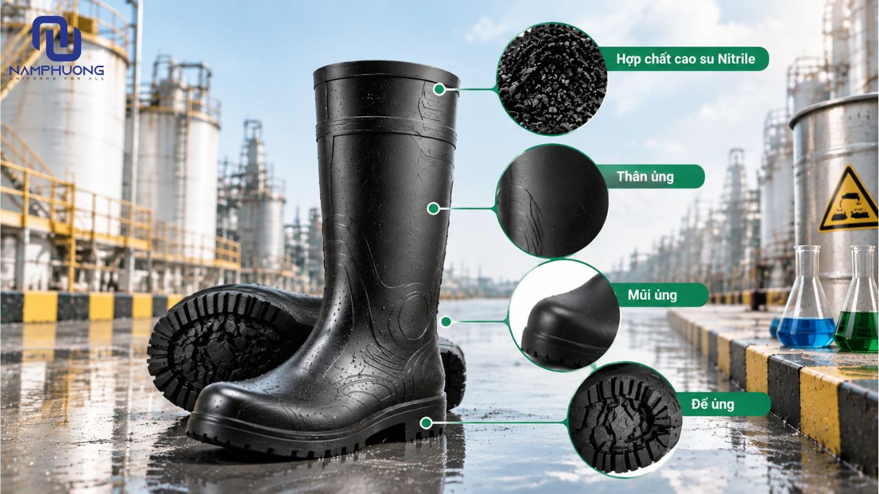 Cấu tạo ủng đúc nguyên khối bằng hợp chất cao su Nitrile hoặc PVC cải tiến kháng hóa chất ăn mòn cao độ