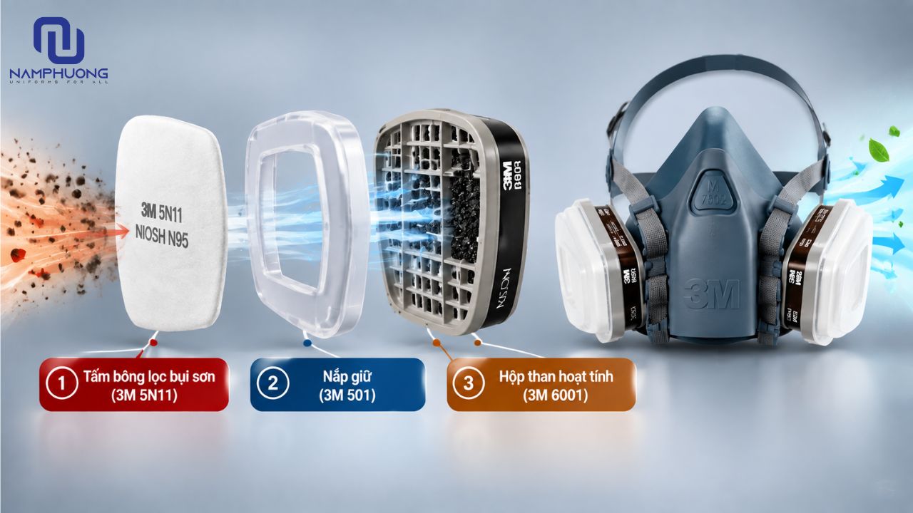 Chi tiết cấu tạo hệ thống lọc 2 tầng chuyên dụng gồm tấm bông lọc bụi sơn và hộp than hoạt tính hấp phụ khí