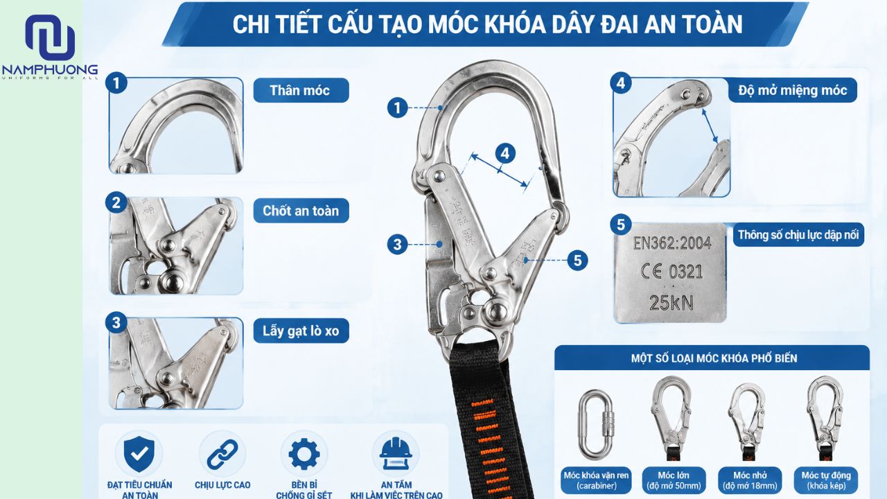 Chi tiết cấu tạo thân móc, chốt an toàn, lẫy gạt lò xo, độ mở miệng móc và thông số chịu lực dập nổi