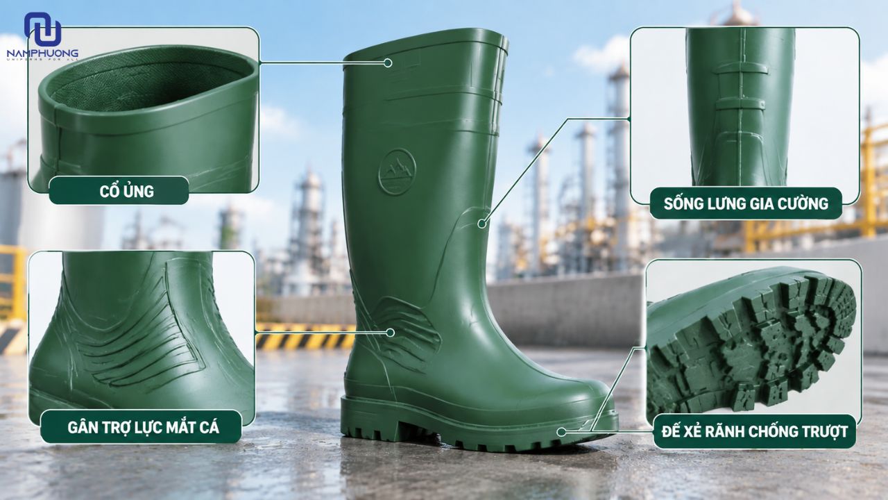 Chi tiết cấu tạo ủng đúc nguyên khối gồm cổ ủng, sống lưng gia cường, gân trợ lực mắt cá và đế xẻ rãnh chống trượt