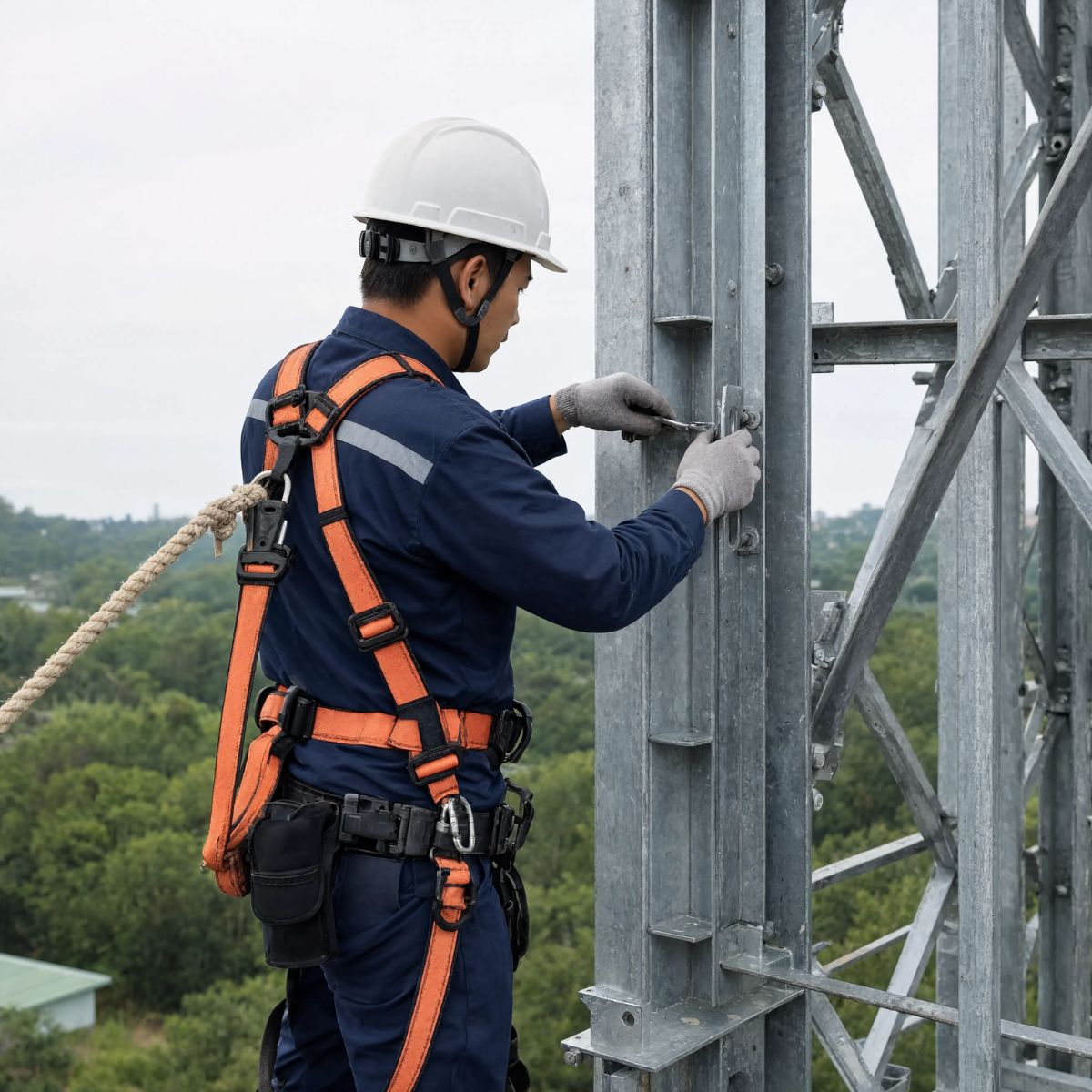 Dây đai bán thân hỗ trợ thợ kỹ thuật định vị tư thế, tựa người và thao tác dụng cụ tại vị trí làm việc
