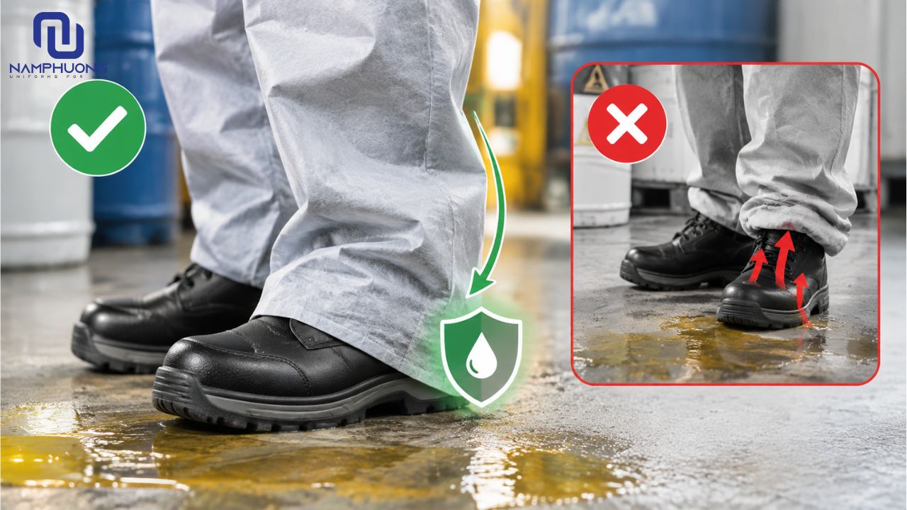 Nguyên tắc trùm ống quần ra ngoài hạn chế nguy cơ hóa chất tiếp xúc trực tiếp với bàn chân