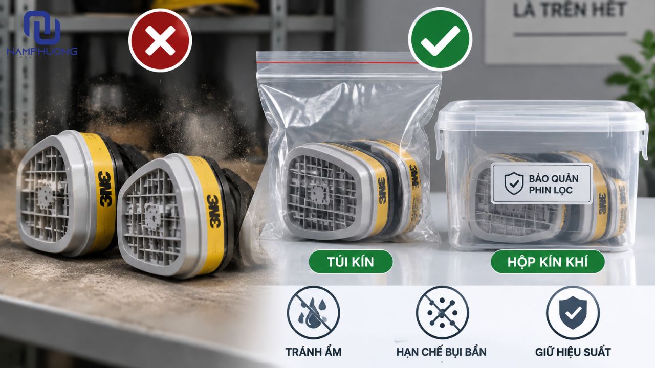 Phin lọc hóa chất cần được bảo quản trong túi kín hoặc hộp kín khí khi không sử dụng