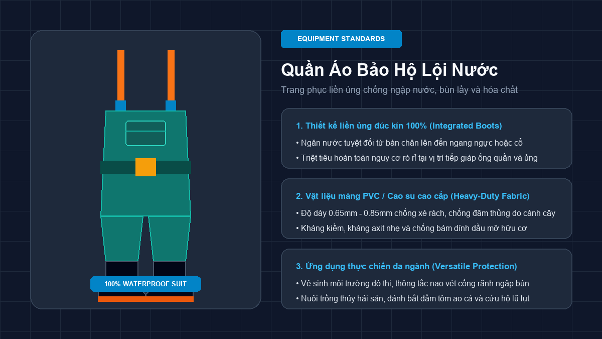 Bảng minh họa đồ họa Flat 2D quần áo bảo hộ lội nước liền ủng chống thấm