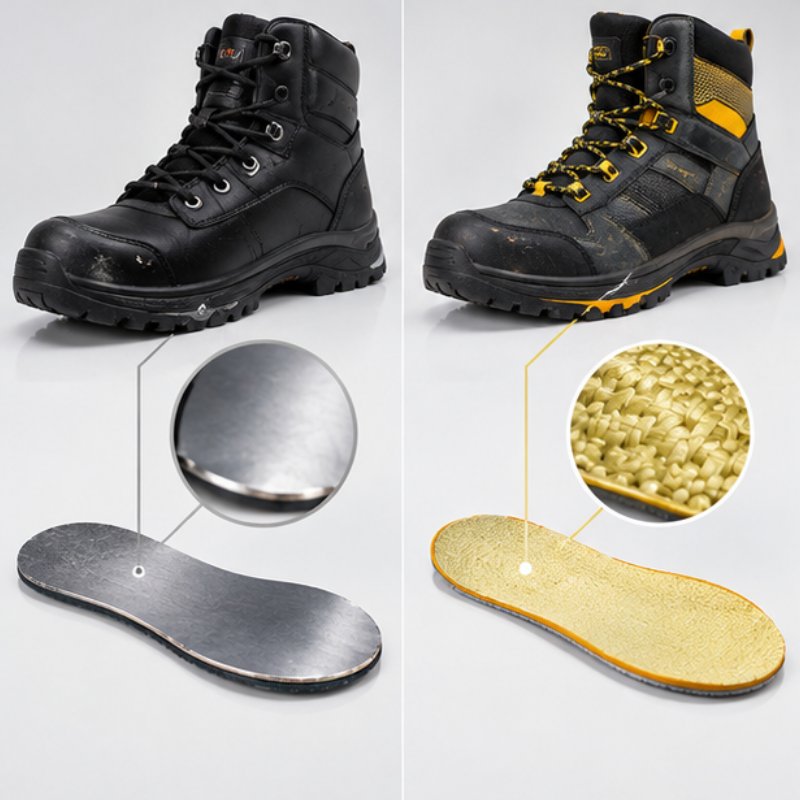 So sánh hai loại vật liệu lót thép và sợi Kevlar trên các mẫu ủng chống đinh dành cho công trường