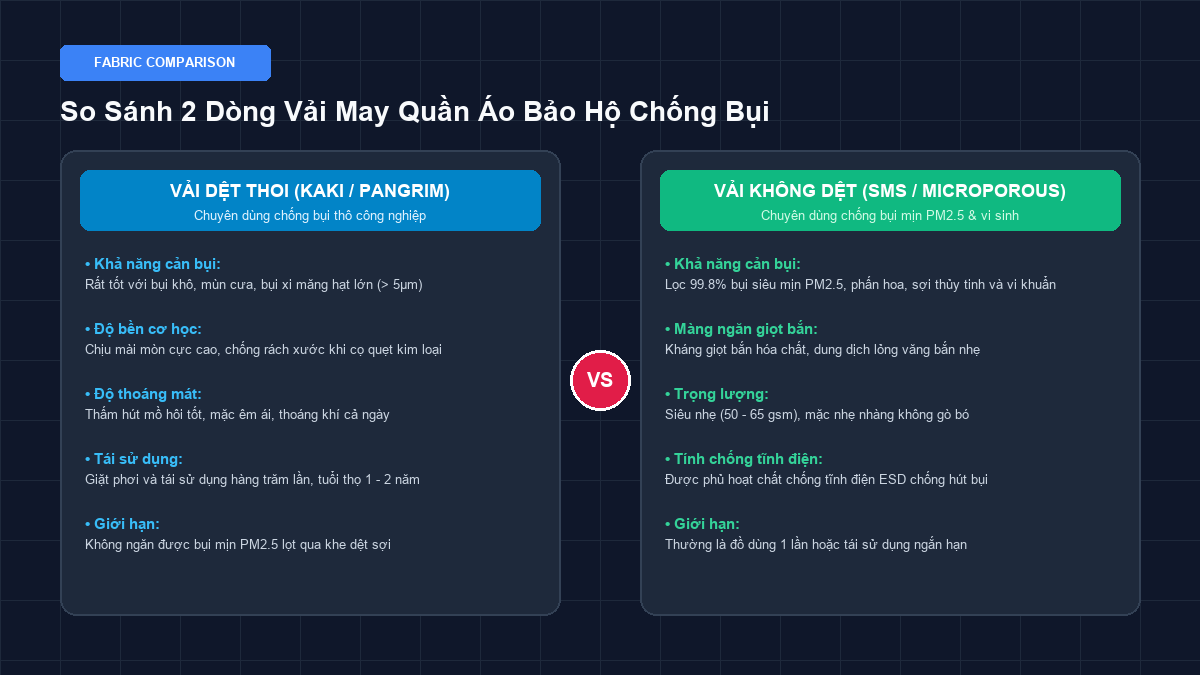 Sơ đồ đồ họa so sánh vải dệt thoi Kaki Pangrim và vải không dệt SMS Microporous chống bụi