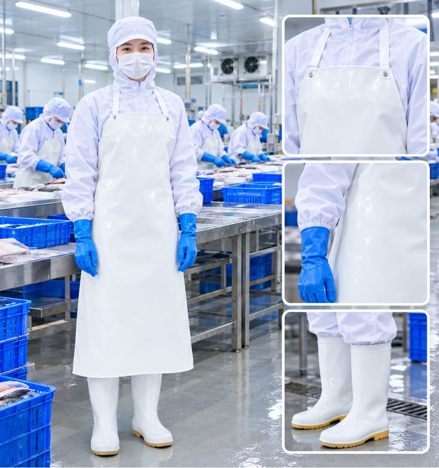 Tạp dề và ủng cao su trắng phụ kiện bắt buộc cùng quần áo bảo hộ thủy sản