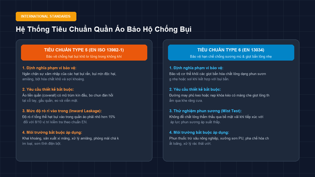 Bảng thông số kỹ thuật tiêu chuẩn quốc tế quần áo bảo hộ chống bụi Type 5 EN ISO 13982 và Type 6 EN 13034