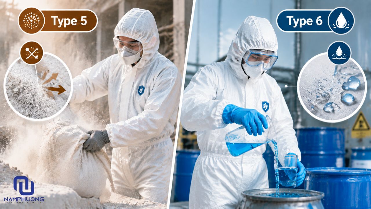 Type 5 hạn chế bụi khô, Type 6 bảo vệ giọt bắn lỏng mức thấp