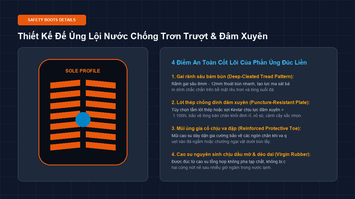 Bản vẽ minh họa đồ họa Flat 2D thiết kế đế ủng bảo hộ lội nước chống trơn trượt và đâm xuyên