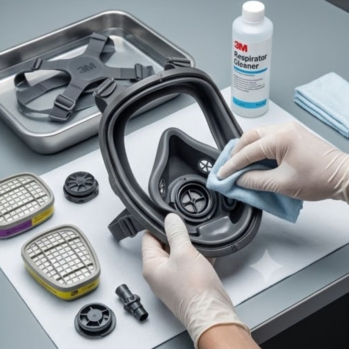 Vệ sinh mặt nạ phòng độc 3M 6800 đúng cách giúp duy trì tình trạng kính, đệm mặt và các bộ phận bảo hộ