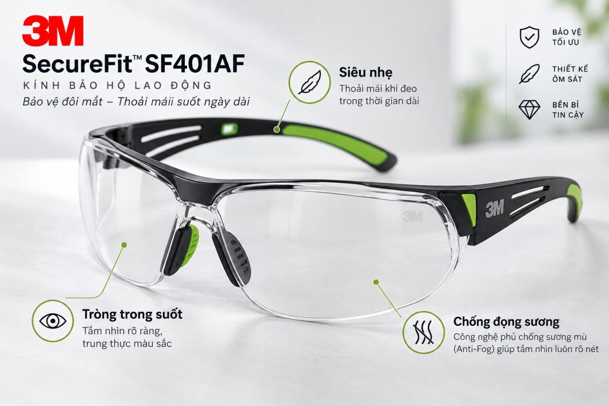 Kính 3M SF401AF nhẹ, tròng trong suốt và chống đọng sương hiệu quả