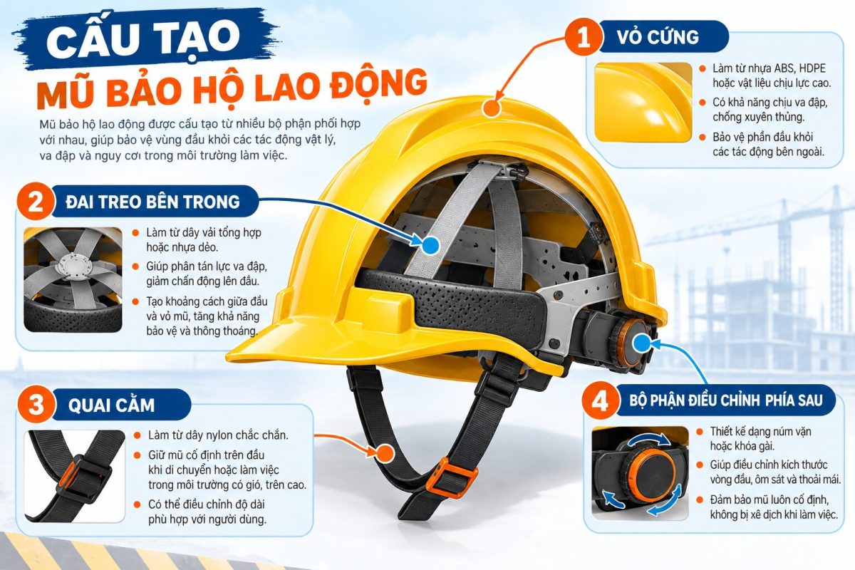 Cấu tạo mũ bảo hộ gồm vỏ cứng, đai treo, quai cằm và bộ phận điều chỉnh